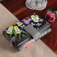 Leather wallet, 'Gorgeous Garden' - Tri-Fold Leather Wallet with Hand-Painted Floral Motifs