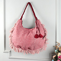 Linen hobo bag, 'Blush & Bold' - Zippered Blush Pink and Red 100% Linen Hobo Bag with Fringes