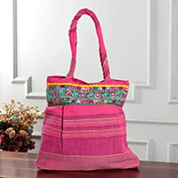 Cotton tote bag, 'Festive Fuchsia' - Fuchsia Cotton Tote Bag with Paisley Geometric Embroidery