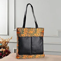 Leather-accented silk tote bag, 'Sophisticated Saffron' - Leather-Accented Orange Silk Tote Bag with Kantha Embroidery