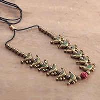 Ceramic beaded necklace, 'Bird Unison' - Hand-Painted Antiqued Golden Ceramic Bird Beaded Necklace