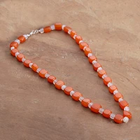 Onyx and carnelian beaded necklace, 'Pure Dreams' - White Onyx and Carnelian Long Beaded Necklace from India