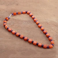 Amethyst and carnelian beaded necklace, 'Enchanted Dreams' - Amethyst and Carnelian Long Beaded Necklace Made in India