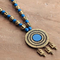 Ceramic beaded necklace, 'Serene Chakra' - Blue and Antiqued Golden Traditional Ceramic Beaded Necklace