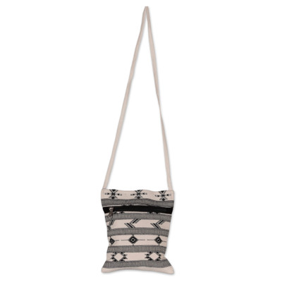 Cotton sling bag, 'Ivory Medley' - Folk Art-Patterned Ivory and Onyx Cotton Zippered Sling Bag