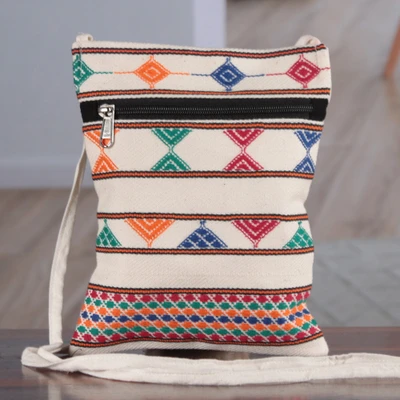 Cotton sling bag, 'Rainbow Medley' - Rainbow-Palette Patterned 100% Cotton Zippered Sling Bag