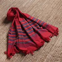Cotton shawl, 'Candy Apple Ways' - Handwoven 100% Cotton Fringed Shawl in a Candy Apple Red Hue