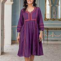Embroidered cotton dress, 'Summer Prairie' - Purple and Red Embroidered Knee-Length Cotton A-Line Dress