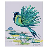 'Emerald Rise' - Abstract Acrylic on Paper Artwork of Exotic Bird in Green