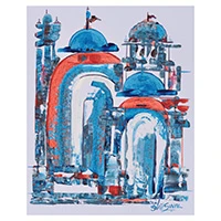 'Gateway to the Divine' - Abstract Architectural Acrylic Painting of a Modern Temple