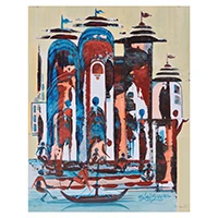 'Temple of Reflections' - Acrylic Painting of Temple with Boat and People Silhouettes