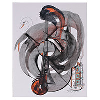 'Echoes of Serenity' - Swan People and Musical Instrument-Themed Acrylic Painting