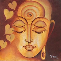 'Enlightened Buddha' - Oil on Canvas Painting of Buddha in Yellow Orange and Brown