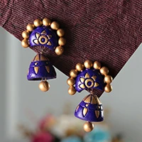 Ceramic dangle earrings, 'Lustrous Bloom' - Painted Purple and Golden Classic Ceramic Dangle Earrings