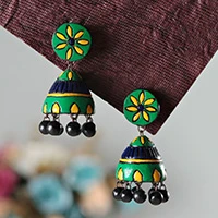 Ceramic dangle earrings, 'Green of Garden' - Floral Hand-Painted Green and Yellow Ceramic Dangle Earrings