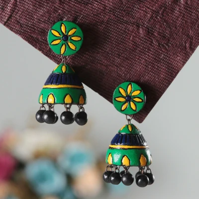 Ceramic dangle earrings, 'Green of Garden' - Floral Hand-Painted Green and Yellow Ceramic Dangle Earrings