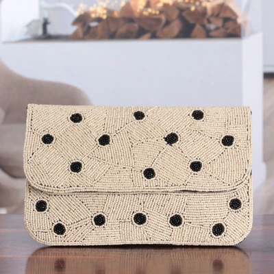 Embellished beaded clutch, 'Ivory Constellation' - Dot-Patterned Ivory and Black Embellished Beaded Clutch