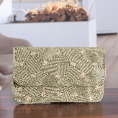 Embellished beaded clutch, 'Green Constellation' - Embellished Glass Beaded Dot Clutch in Green and Ivory Hues