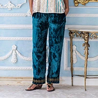 Embroidered velvet trousers, 'Touch of Luxe' - Velvet Pants with embroidered hem, pockets and elastic waist