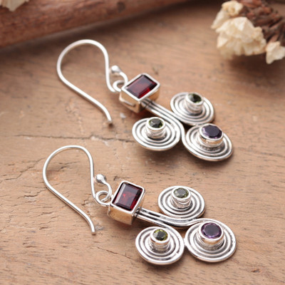 Multi-gemstone dangle earrings, 'Scrolls of Luxury' - Artisan-Made 1-Carat Faceted Multi-Gemstone Dangle Earrings