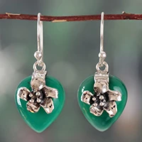 Onyx dangle earrings, 'Heartfelt Spring' - Heart-Shaped Green Onyx Dangle Earrings with Floral Details