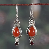 Carnelian and garnet dangle earrings, 'Fiery Elegance' - Carnelian and Garnet Dangle Earrings in Polished Finish