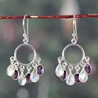 Rainbow moonstone and amethyst chandelier earrings, 'Under The Magic' - 3-Carat Rainbow Moonstone and Amethyst Chandelier Earrings