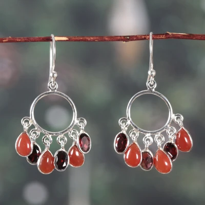 Carnelian and garnet chandelier earrings, 'Under The Fire' - Natural 3-Carat Carnelian and Garnet Chandelier Earrings