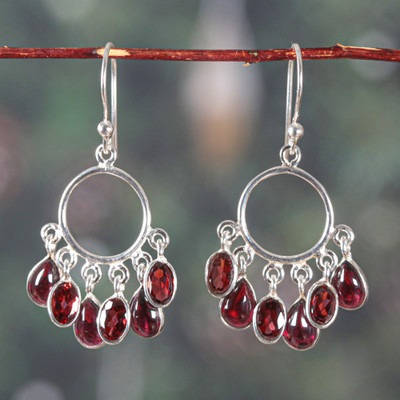 Garnet chandelier earrings, 'Under The Passion' - Birthstone 3-Carat Natural Oval Garnet Chandelier Earrings