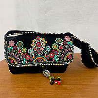 Embroidered handbag, 'Nighttime Imagination' - Hill Tribe Spring-Inspired Embroidered Faux Velvet Handbag