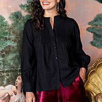 Cotton tunic blouse, 'Dark Whisper' - Black Pintucked Cotton Tunic Blouse with Relaxed Silhouette