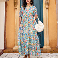Cotton maxi dress, 'Suzani Sunrise' - Spring-Inspired Floral Cotton V-Neck Maxi Dress from India
