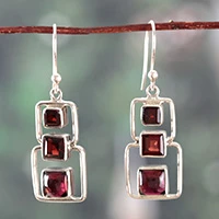 Garnet dangle earrings, 'Squares of Passion' - Polished Geometric Natural Garnet Dangle Earrings from India