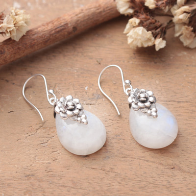 Rainbow moonstone dangle earrings, 'Misty Liaison' - Rose-Inspired Natural Rainbow Moonstone Dangle Earrings