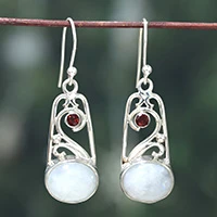 Rainbow moonstone and garnet dangle earrings, 'Ethereal Portals' - Natural Rainbow Moonstone and Round Garnet Dangle Earrings