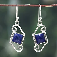 Lapis lazuli dangle earrings, 'Waves & Truth' - Sterling Silver and Lapis Lazuli Cabochon Dangle Earrings
