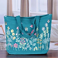 Cotton tote bag, 'Floral Bliss' - Cotton Tote Bag with Floral Leaf Butterfly Hand Embroidery