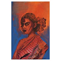 'Fisherwoman II' - Acrylic Expressionist Portrait of Indian Bride with Fish Net
