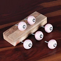 Ceramic knobs, 'Pink Blossom' (set of 6) - Spring-Themed 6-Piece Glossy Pink and White Ceramic Knob Set