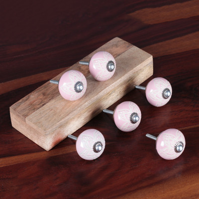 Ceramic knobs, 'Pink Blossom' (set of 6) - Spring-Themed 6-Piece Glossy Pink and White Ceramic Knob Set