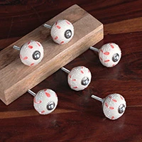 Ceramic knobs, 'Floral Memories' (set of 6) - Floral Hand-Painted Beige and Red 6-Piece Ceramic Knob Set