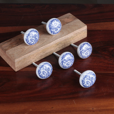 Ceramic knobs, 'Traditions of Spring' (set of 6) - Traditional Fleur-De-Lys 6-Piece Ceramic Knob Set in Blue
