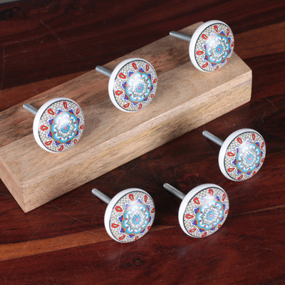 Ceramic knobs, 'Mandala Home' (set of 6) - Mandala-Themed 6-Piece Ceramic and Iron Knob Set from India