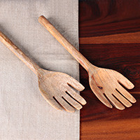 Wood salad spoons, 'Hands of Nature' (set of 2) - Whimsical Hand-Carved 2-Piece Mango Wood Salad Spoon Set