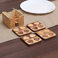 Wood coasters, 'Mosaic of Petals' (set of 6) - Set of 6 Handmade Mango and Haldu Wood Coasters from India