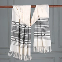 Cotton shawl, 'Alabaster Legacy' - Patterned Onyx and Alabaster 100% Cotton Shawl with Fringes