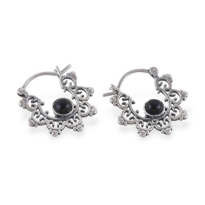 Onyx hoop earrings, 'Black Diadems' - Jali Style Silver Hoop Earrings with Black Onyx Gemstones