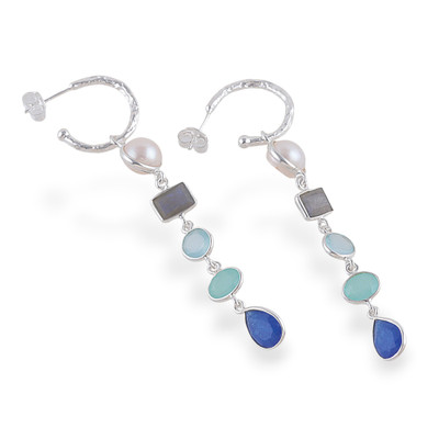 Multi-gemstone dangle earrings, 'Ocean Harmony' - Multi-Gemstone Silver Statement Half-Hoop Dangle Earrings