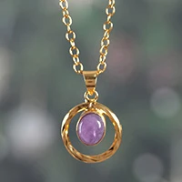 Amethyst pendant necklace, 'Purple Medallion' - Hammered Brass Pendant Necklace with Cabochon Amethyst Gem