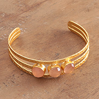 Chalcedony cuff bracelet, 'Sweet Trio' - Modern Brass Cuff Bracelet with 3 Pink Chalcedony Gemstones